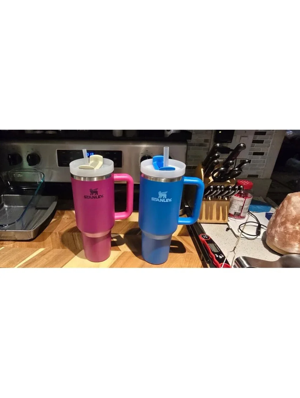 Stanley Pink and Blue Insulated Travel Mugs with Handles and Straws - Set of 2
